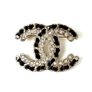 CHANEL Black and Gold Crystal Brooch Pin